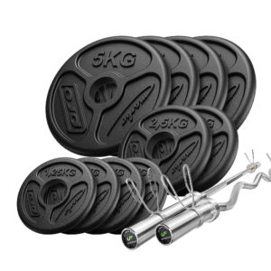 Zestaw 55kg | Gryf olimpijski 180cm + gryf olimpijski lekko łamany 120cm + obciążenia olimpijskie 4x5kg, 2×2,5kg, 4×1,25kg – Marbo Sport